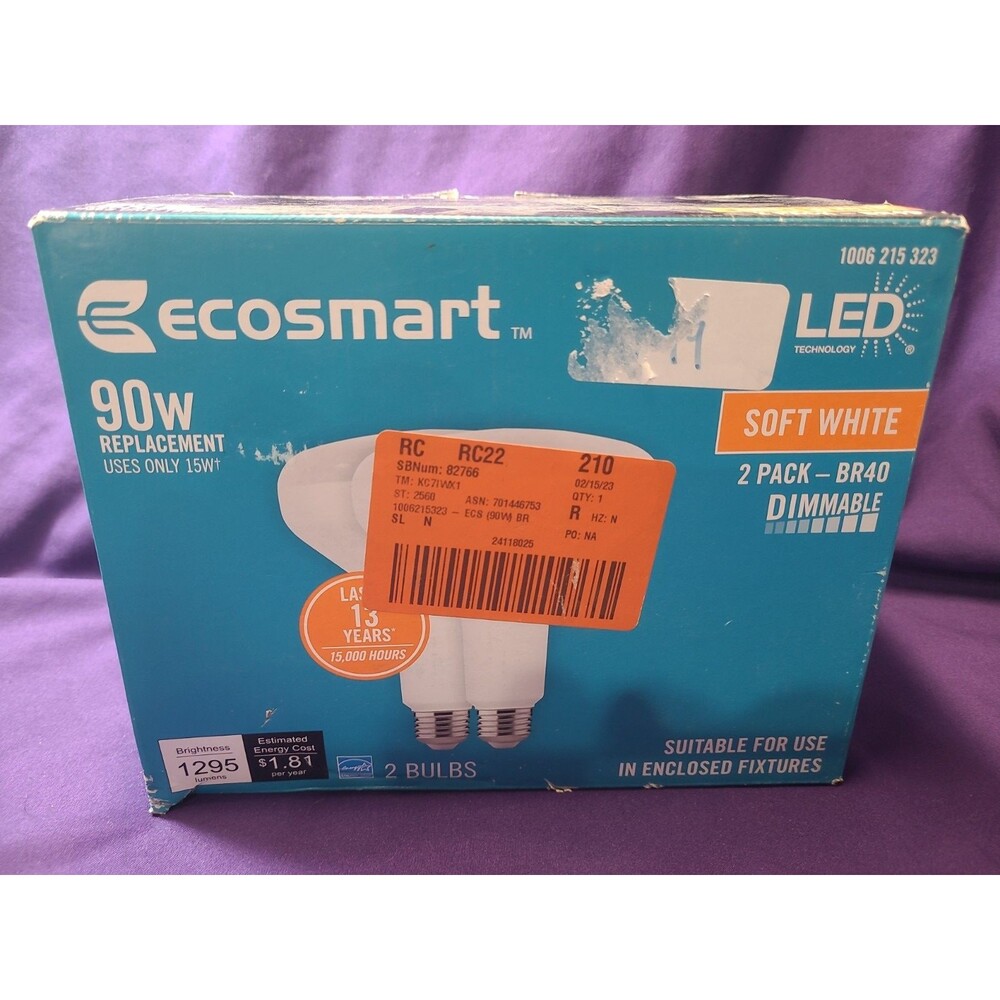 (2-Pk) EcoSmart Dimmable Energy Star LED Light Bulb Soft White BR40 90W Eqv